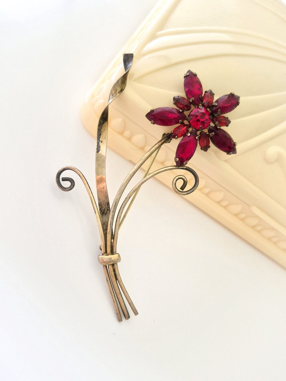 Vintage Coro Red Faceted Crystals Sterling Silver Gold Vermeil Flower Brooch